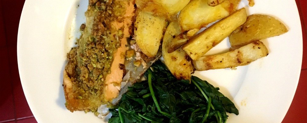 Honey Pistachio Salmon with Spinach & Crunchy Fries