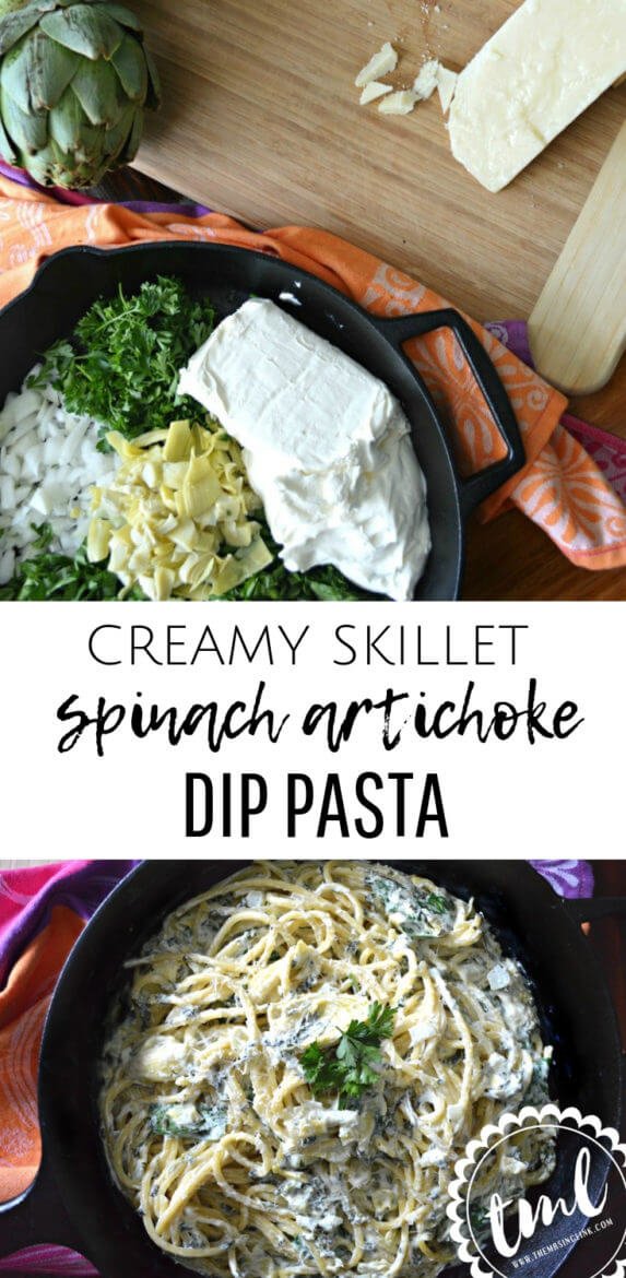 Creamy Skillet Spinach Artichoke Dip Pasta | Easy weeknight recipes in under 30 minutes | Comfort food pasta recipes | The best pasta recipes | Family-friend weeknight meals | #foodie #pastarecipes #deliciousrecipes | theMRSingLink