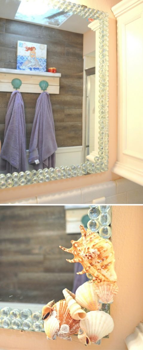 Beach Themed DIY Seashells And Glass Gem Mirror Decor | Beachy Bathroom Mirror | DIY Home Decor | Beach Themed Decor | DIY Crafts | Decor Crafts | Nautical Home Decor | Mirror Decor | theMRSingLink