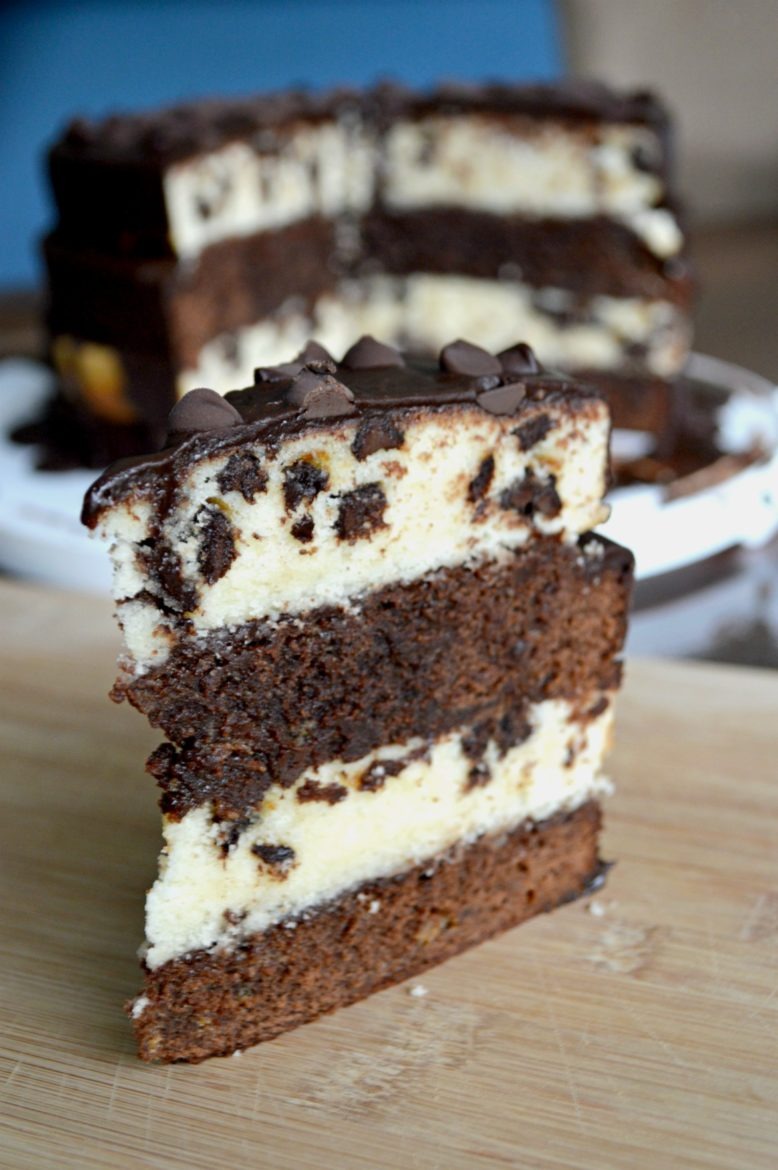 Caramel Brownie Chocolate Chip Layer Cake | The best of both worlds in dessert - chocolate chip cake and caramel brownie layers with a chocolate confectioners frosting | #dessertheaven #cakebaking | theMRSingLink