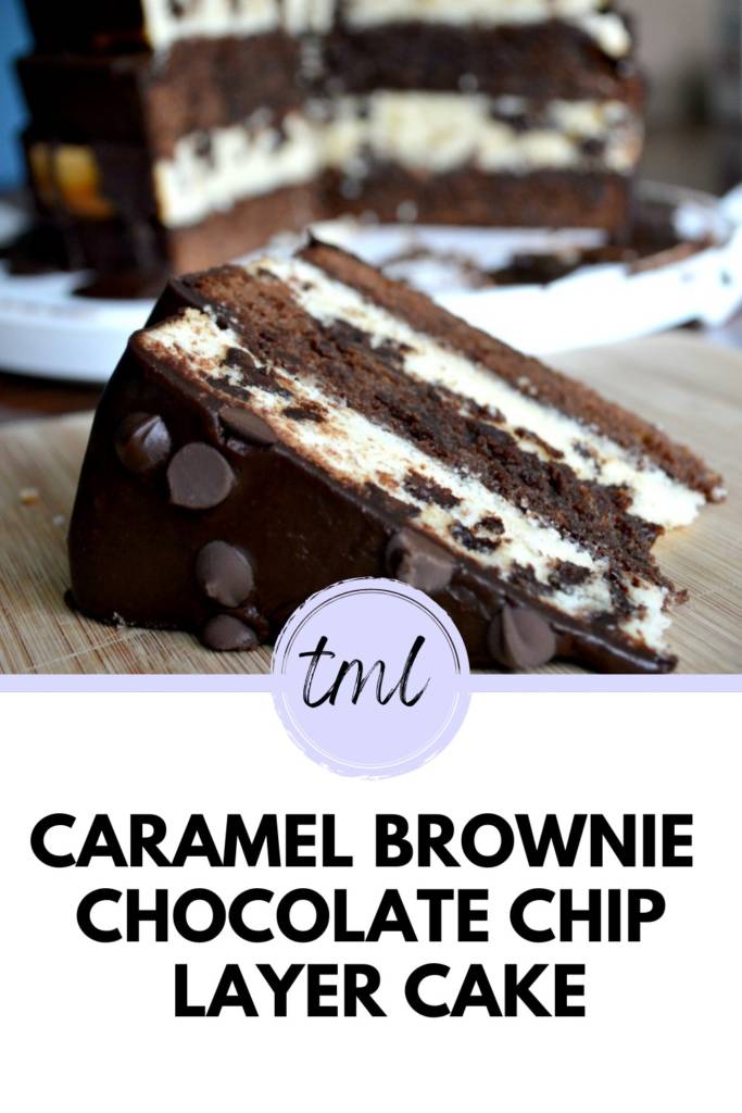 Chocolate chip caramel brownie layer cake | Layer cake recipe from scratch | 4-layer round cake featuring brownie and vanilla chocolate chip | How to bake a cake from scratch | theMRSingLink