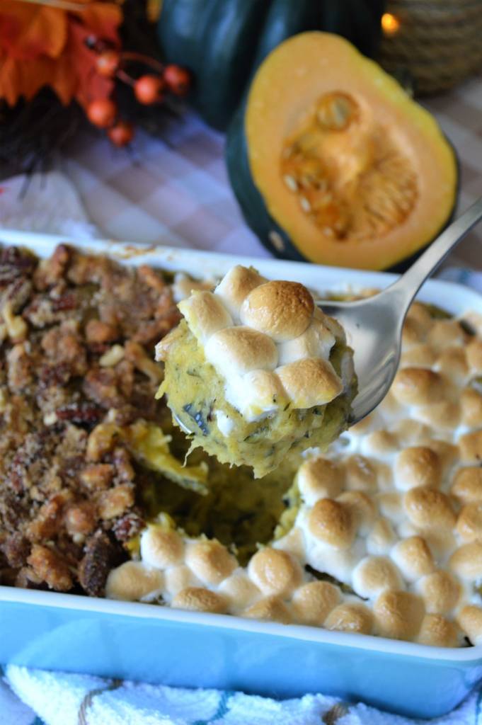 Sweet Acorn Squash Casserole [A Twist On A Holiday Favorite] | Classic Holiday recipe alternative using acorn squash | A substitute for the Holiday favorite sweet potato casserole | #holidayrecipe #acornsquash #thanksgiving #christmas | theMRSingLink