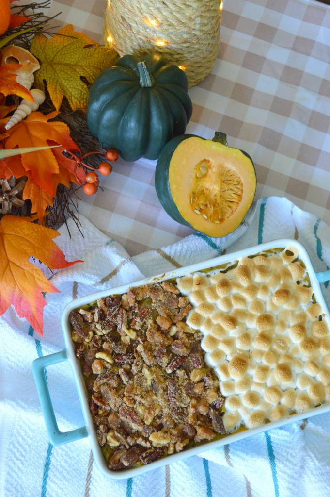 Sweet Acorn Squash Casserole [A Twist On A Holiday Favorite] | Classic Holiday recipe alternative using acorn squash | A substitute for the Holiday favorite sweet potato casserole | #holidayrecipe #acornsquash #thanksgiving #christmas | theMRSingLink