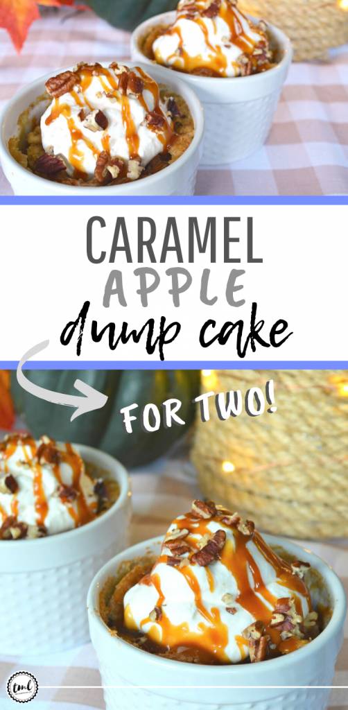 Caramel Apple Dump Cake For Two | It's like apple pie, but better, because you only need a few simple ingredients and it only takes a fraction of the time to make. It's the perfect date night dessert for two, or to treat yourself (without having to bake an entire pie) | A recipe to enjoy beyond the holidays, but also the perfect recipe in a pinch | #caramelapple #sweettooth #dumpcake #dessertrecipes #appledessert | theMRSingLink