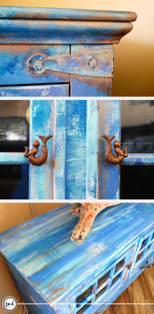 Distress Wood Furniture With Dry Brushing + Faux Copper Rust | How to create a distress wood look using paint | DIY faux patina/rust on furniture with metallic paint | Bermuda blending technique to create a tropical bohemian inspired furniture makeover | #diyfurniture #distressedpaint #howto | theMRSingLink