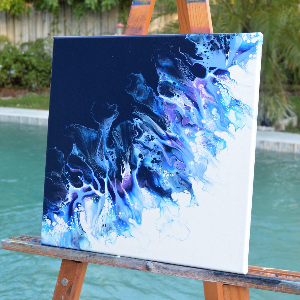 14x14 Split navy, purple, and white abstract acrylic painting on canvas (fluid dutch pour art technique)