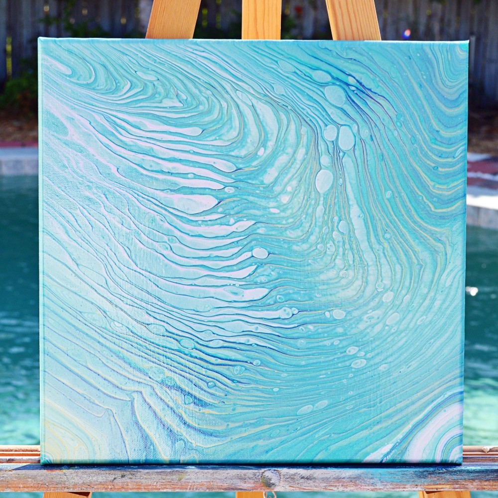 12x12 Sea green and blue metallic pearl acrylic painting on canvas (fluid ring pour art technique)