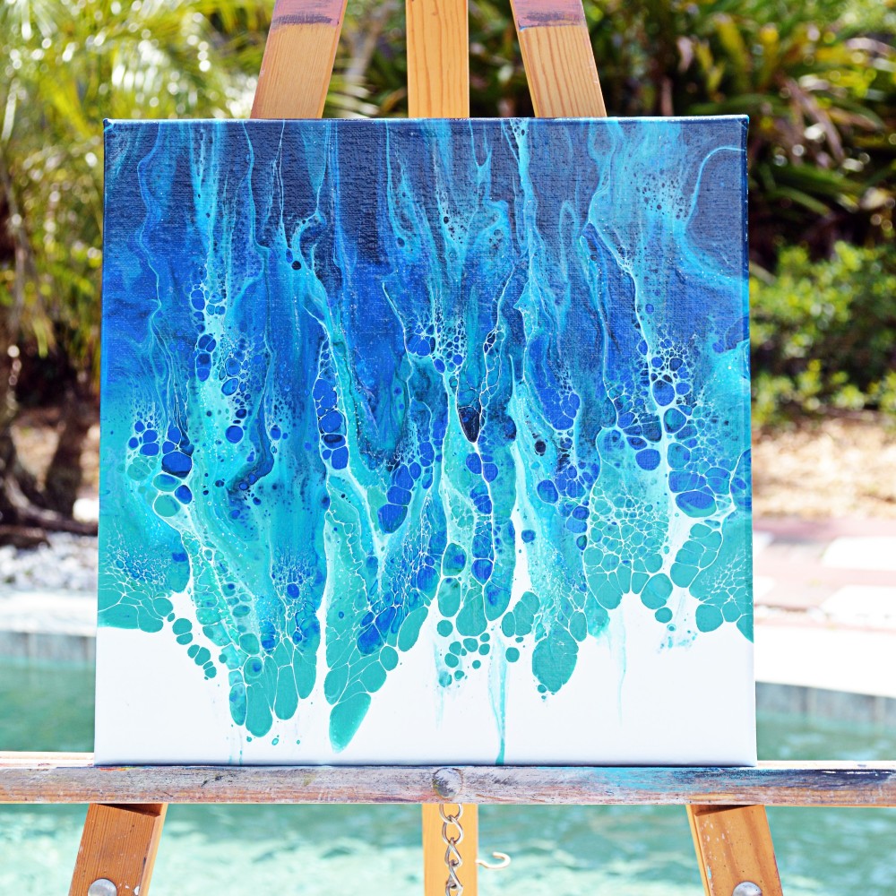 Sea green and ocean blue acrylic painting on canvas (dutch pour fluid art technique)