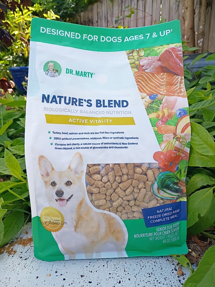 I'm sharing my story on why I stopped feeding my dog kibble, the alternatives and their pros and cons. (In this photo: Dr. Marty Nature's Blend Active Vitality)